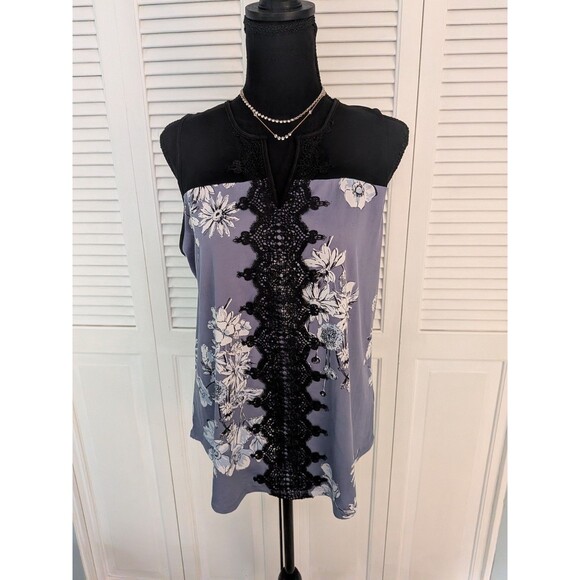 Maurices Top Womens L Floral Lace Split Neck Sleeveless Blue Black Tank Romantic - Picture 1 of 11